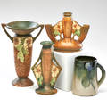 Roseville weller three brown dahlrose vases 10 twohandled 8 bud and 6 triple bud together with weller mug decorated with blackberries zanesville oh ca 1928 weller marked