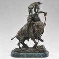 After frederic remington 18611909 patinated metal sculpture on marble base buffalo horse 20th c signed at base 15 34 x 10 34 x 6