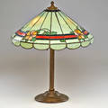 Handel attr table lamp base fitted with floral shade meridan ct early 20th c bronze slag glass two sockets unmarked 22 12 x 18 12