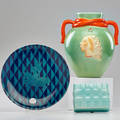Ceramic group three pieces henry dreyfuss for the plaza hotel plate twohandled vase and lidded box early 20th c all marked 10 x 8 12