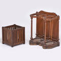 Arts and crafts slatsided waste basket usa ca 1910 together with victorian umbrella stand quartersawn oak unmarked 15 x 14 sq umbrella stand 27 x 25 x 15 12