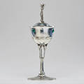 Style of liberty tudric lidded goblet with figural finial and cabochon glass apliques early 20th c polished pewter unmarked 15 x 5 34