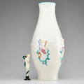 Keramos tall glazed faience vase with dancing maidens and figural eve tabletop sculpture austria 1920s keramos stamp made in austria to both vase 21 12 x 9 12