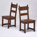 Gustav stickley pair of rabbitear side chairs no 1291 eastwood ny ca 1910 oak leather brass tacks unmarked 35 12 x 18 34 x 19