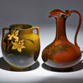 Emma d foertmeyer sally toohey rookwood two handled daffodil vase and pitcher with gomphrena in standard glaze cincinnati oh ca 1980s both with flame mark and artist cipher pitcher 9 12