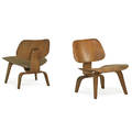 charles eames 1907  1978 ray eames 1912  1988 evans products pair of preproduction lcws detroit mi 1940s walnutveneered plywood rubber aluminum unmarked 25 12 x 22 14 x 25