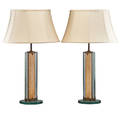 fontana arte pair of table lamps italy 1950s glass lacquered parchment patinated brass two sockets each unmarked overall 33 x 19 bases only 32 12 x 8 provenance fred silberm