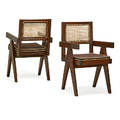 pierre jeanneret 1896  1967 pair of armchairs from the chandigarh administrative buildings franceindia 1950s stained teak woven cane upholstery unmarked 35 x 20 12 x 20 literat