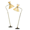 arlus pair of adjustable floor lamps france 1960s brass enameled steel vellum two sockets unmarked as shown 68 x 16 12 x 27 literature arlus advertisement unpaginated