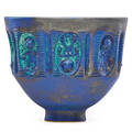 Edwin scheier 1910  2008 mary scheier 1908  2007 footed bowl with figural medallions vivid blue turquoise and gunmetal glaze green valley az 1997 signed and dated 10 14 x 12 proven