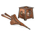 English arts  crafts coal box and bellows retailed by liberty  co england ca 1900 oak leather hammered copper enameled copper patinated metal iron unmarked box 15 x 13 sq bellow
