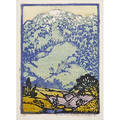 Frances gearhart 1869  1958 untitled color woodblock print with mountains pencil signed and numbered matted and framed image 6 14 x 4 12