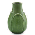 Grueby bulbous vase with leaves boston ma ca 1900 circular faience stamp81 7 14 x 4 14