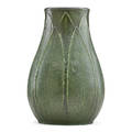 Marie seaman grueby tall vase with leaves boston ma ca 1905 circular pottery stamp 12 12 x 8