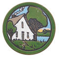 Saturday evening girls trivet decorated in cuerda seca with house in landscape boston ma 1920 signed jmdseg520 5 12 dia