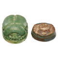 Grueby two scarab paperweights boston ma ca 1905 larger with circular faience stamp larger 1 12 x 2 12 x 3 34