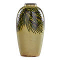 Max laeuger 1864  1952 faience vase enameldecorated with pine boughs germany ca 1900 incised ktk mark and 737 8 14 x 4