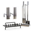 Style of karl springer fireplace set fourpiece fire tool set on stand pair of andirons and associated basket new york 1970s chromed steel iron unmarked set on stand 32 x 11 12 x 5 1