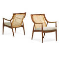 Orla molgaardnielsen 1907  1993 pair of armchairs denmark 1960s teak stained beech woven cane upholstery retailer label to one john stuart 33 x 25 x 28