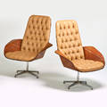 George mulhauser plycraft pair of swivel lounge chairs usa 1950s walnut leather chromed steel foil labels 43 x 36 x 33