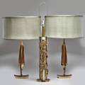 Laurel lamp co three table lamps brushed steel and brass columnar and pair of enamel and brass faceted with silk shades newark nj 1960s two with manufacturers label tallest 37 34 x 8 dia