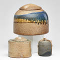 Byron temple three lidded jars usa 1980s glazed stoneware porcelain and twine all marked with artist cypher tallest 6 14 x 6 34 dia