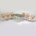 Style of milo baughman dining table and six armchairs usa 1970s chromed steel upholstery glass unmarked table 29 12 x 66 x 36 chair 33 12 x 23 12 x 26