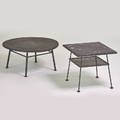 Russell woodard two outdoor tables usa 1950s enameled steel painted fiberglass unmarked larger 18 x 36 dia