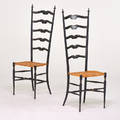 Italian pair of chiavari tallback armchairs ca 1950s ebonized and gilded wood caning unmarked 49 x 17 x 15