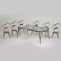 French art deco dining set table and six chairs patterned wrought iron upholstery glass unmarked table 32 x 75 x 48 chair 42 12 x 19 x 21