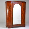 French art deco armoire fitted with four shelves and a single drawer 1930s mahogany mother of pearl hardwood inlay mirrored glass brass unmarked 86 x 64 12 x 23
