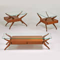 Adrian pearsall attr coffee table and matching side tables usa 1960s sculpted walnut glass unmarked 16 x 60 x 19 12 22 x 33 x 20
