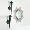 Hollywood regency starburst wall mirror and pair of decostyle sconces ca 1970s brass mirrored glass unmarked mirror 23 12 x 23 12 x 6 14 sconce 19 x 11 12 x 5