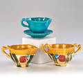 Betty woodman b 1930 creamer and sugar together with cup and saucer usa 1980s glazed earthenware all stamped largest 3 x 6 12 dia