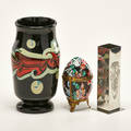 Jack ink etc three pieces landscape style footed vase murrini egg in metallic casing and reproduction pewter vase 20th c glass pressed metal pewter etched signature to ink and pewter stam