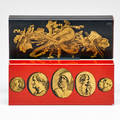 Piero fornasetti 19131988 cammei and strumenti musicali sliding boxes italy 1950s silkscreened enameled metal covers and dovetailed mahogany boxes musicali ink stamped fornasetti milano r