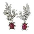 Diamond and carved ruby platinum earrings