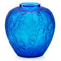 Lalique perruches vase electric blue glass