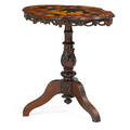 Continental marquetry inlaid walnut side table