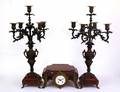 THREE PIECE GILT BRONZE AND MARBLE CLOCK GARNITURE
