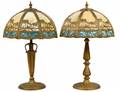 PAIR OF GILT METAL AND SLAG GLASS LAMPS AND SHADES