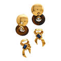 Two pairs yellow gold gemset earrings