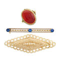 Three pieces gold  seed pearl or gemset jewelry