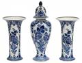THREE PIECE DELFT BLUE AND WHITE PORCELAIN GARNITURE