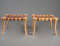 PAIR OF WOOD AND LEATHER CORD STOOLS