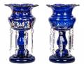 PAIR OF ENAMELED BLUE GLASS LUSTERS