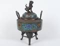 PATINATED BRONZE AND ENAMEL INCENSE BURNER AND COVER