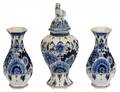 THREE PIECE DELFT BLUE AND WHITE PORCELAIN GARNITURE