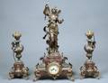 THREE PIECE PATINATED METAL AND MARBLE CLOCK GARNITURE