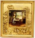 19th C Painting in Figural Gilt Bronze Frame